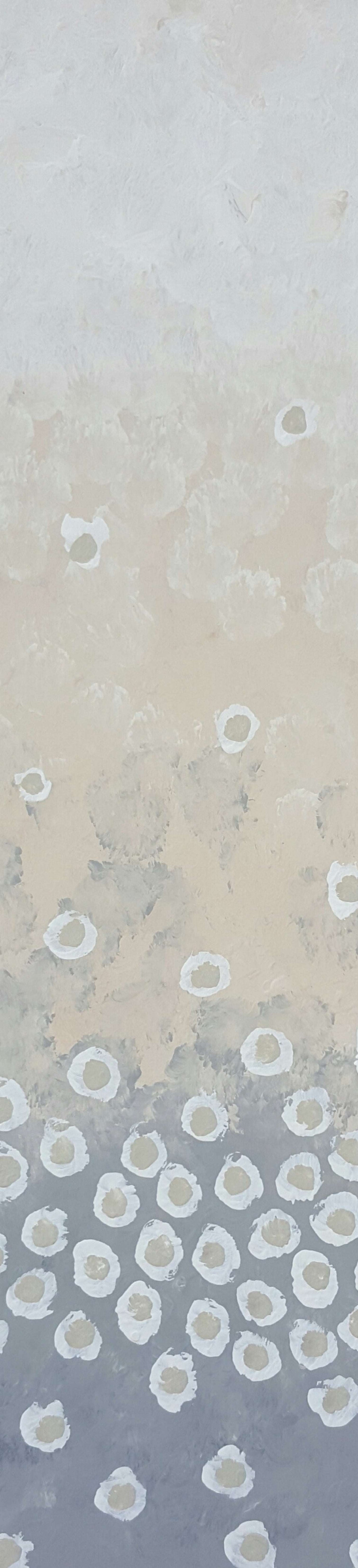 Djindi Birung Mist washable runner in neutral grey and sand tones with Indigenous design