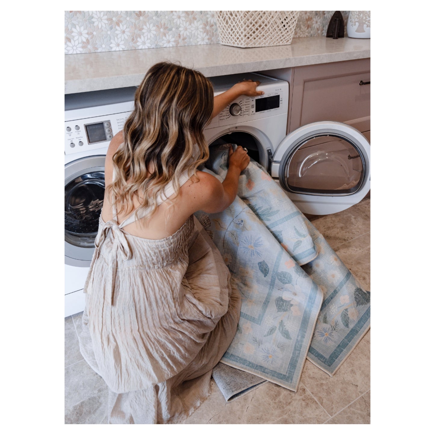 Eden - Baby Blue Floral Vintage Distressed Washable Rug