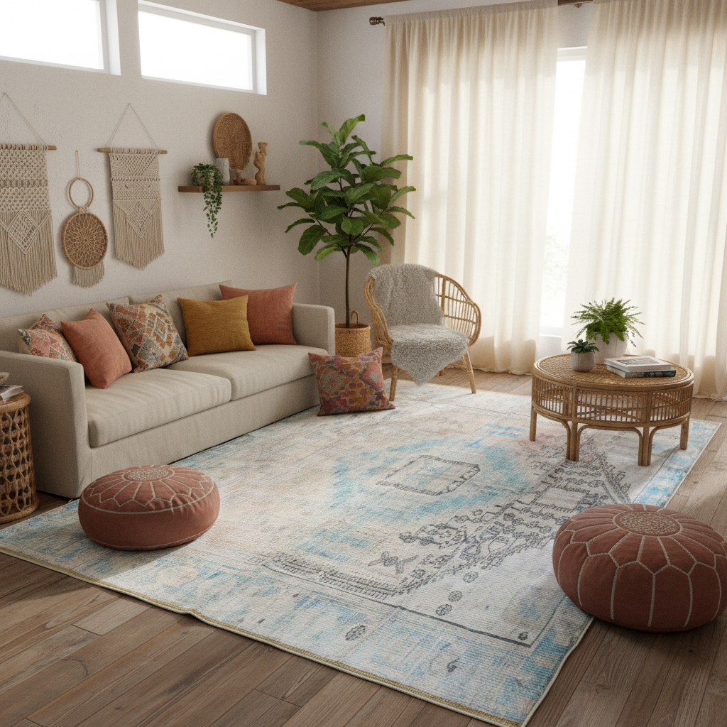 Quechua Quest Coral Aquamarine vintage Persian distressed washable rug with non-slip backing and pet-friendly design
