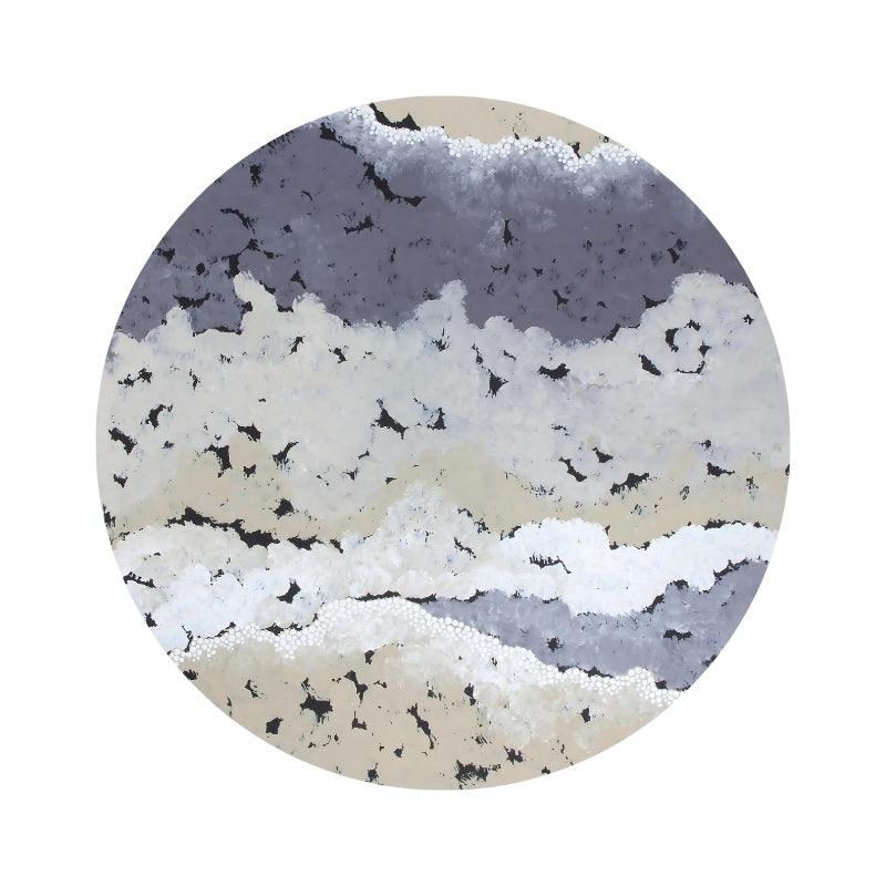 Murrang Sandhill Denim washable round rug with Indigenous art design