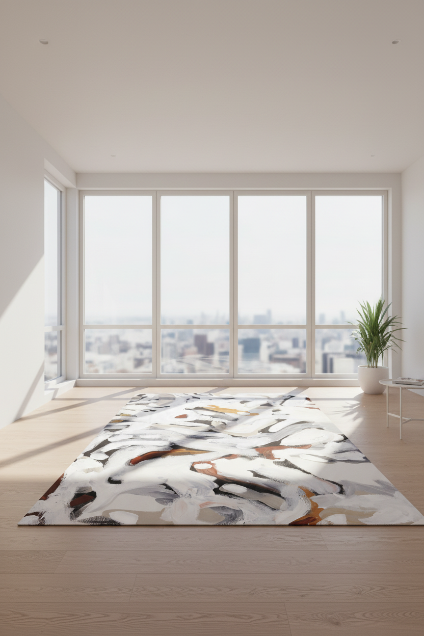 Murul Dry Earth washable rug in black, white, and neutral tones with Indigenous design, foldable and non-slip backing
