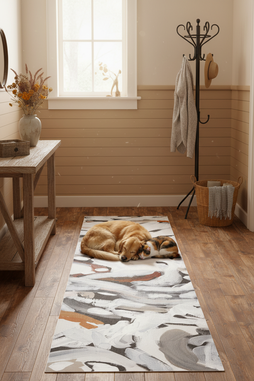 Murul Dry Earth washable runner rug in black, white, and neutral tones with Indigenous design and non-slip backing