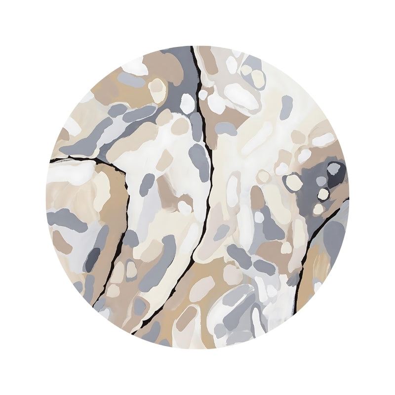 Raw Undoings Neutral round washable rug with Indigenous-inspired neutral hues and non-slip backing