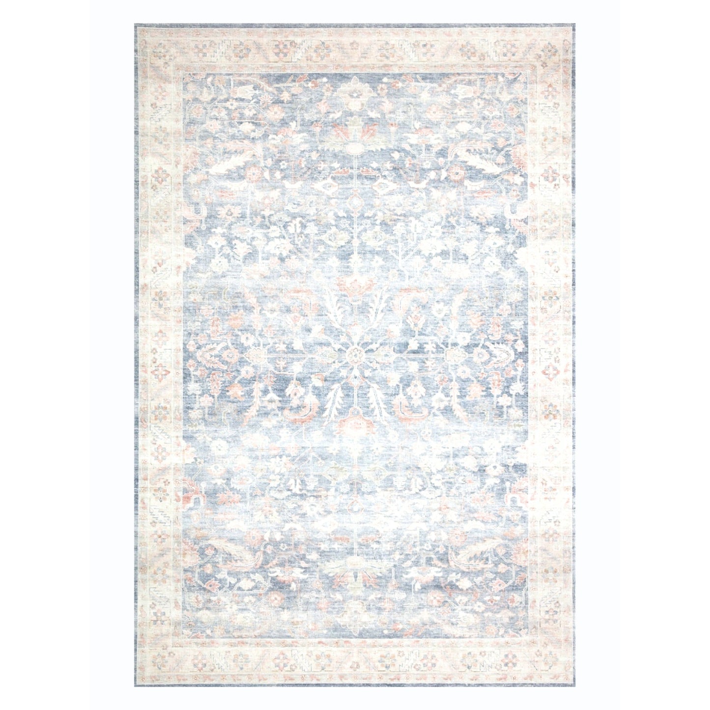 Seraphina - Floral Taupe & Navy Distressed Washable Rug