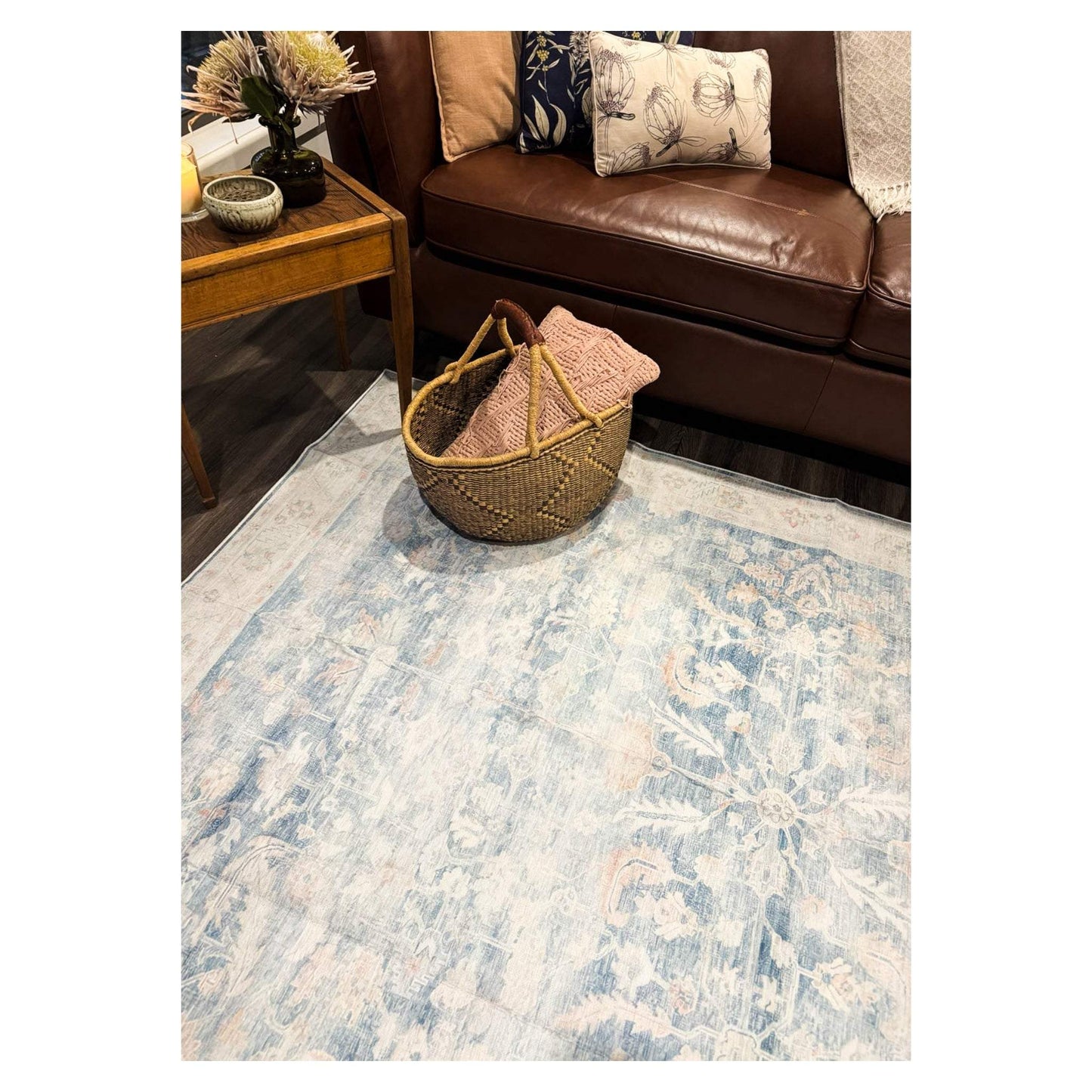 Seraphina Floral Taupe and Navy Distressed Washable Rug with non-slip backing and floral pattern