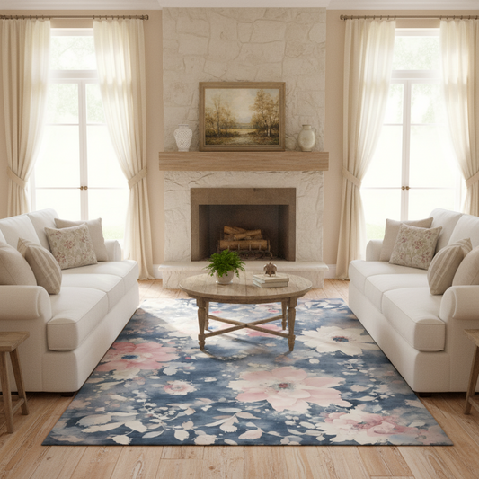 Florence - Denim Blue, Pink & Ivory floral water colour rug.