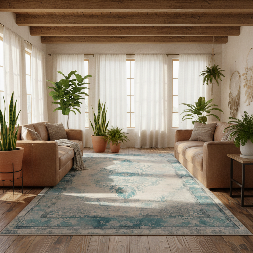 Jasmine - Ivory & Teal Vintage Distressed Washable Rug