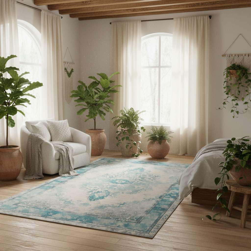 Jasmine - Ivory & Teal Vintage Distressed Washable Rug