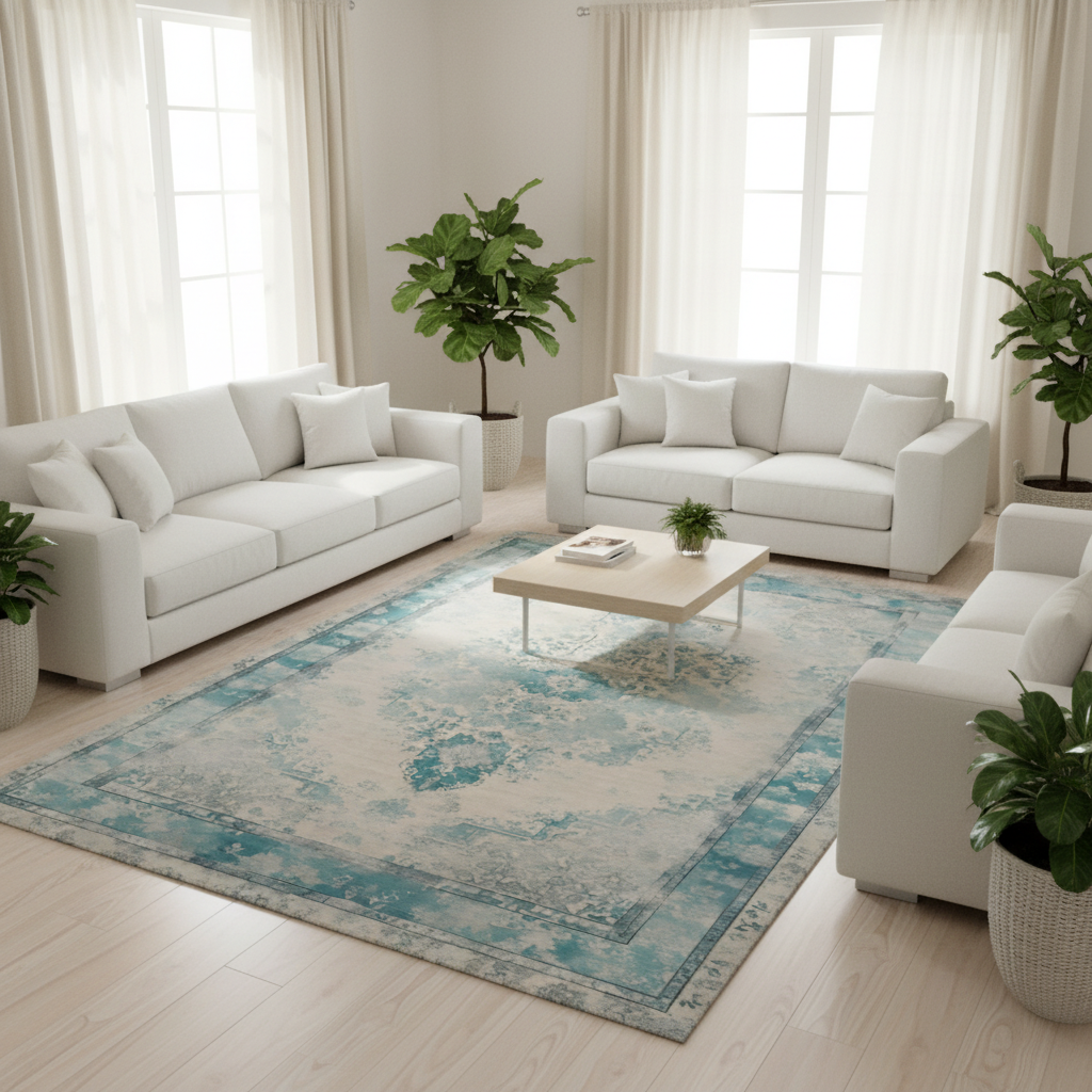 Jasmine - Ivory & Teal Vintage Distressed Washable Rug