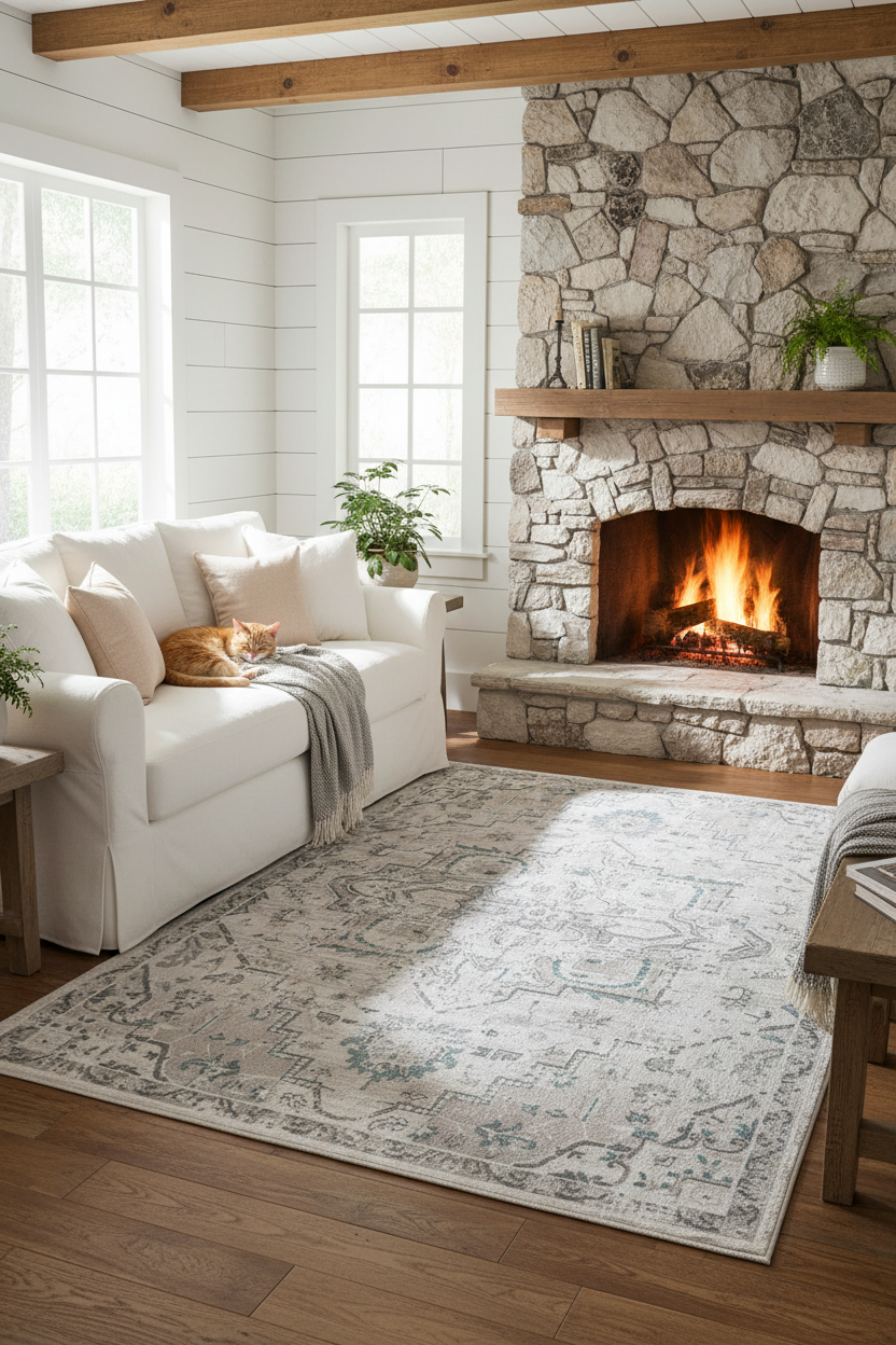 Magnolia Sands - Grey & Blue Vintage Persian Distressed Washable Rug