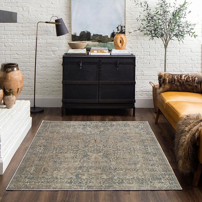 Mystic Wanderer - Taupe & Blue Vintage Persian Distressed Washable Rug