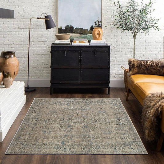 Mystic Wanderer - Taupe & Blue Vintage Persian Distressed Washable Rug