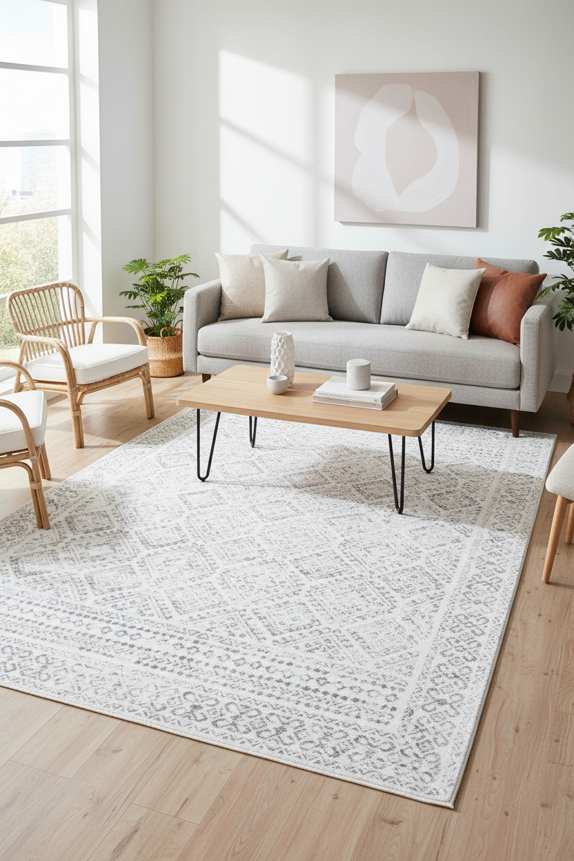 Tangier - Neutral Moroccan Boho Distressed Washable Rug