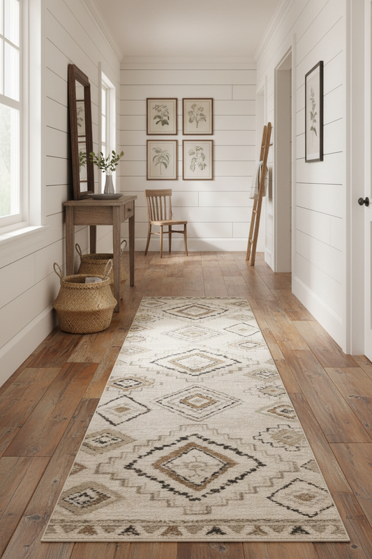 Tusk - Tan & Ivory Tribal Distressed Washable Runner Rug